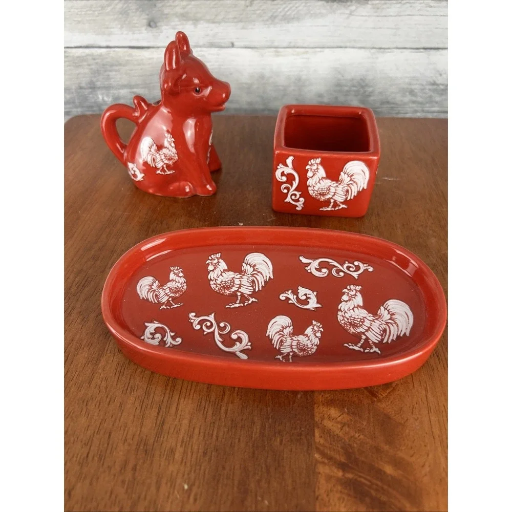 Red/White Rooster Ceramic Creamer & Sugar Set w/ Lid & Tray, Glossy